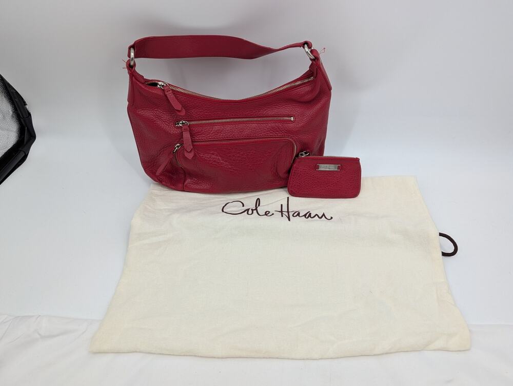Cole Haan Red Pebbled Leather Hobo Shoulder Bag Slouchy With Coin Purse Preppy